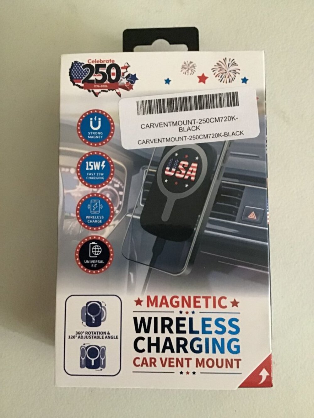 Magnetic Wireless Car Charger Vent Mount Fast Charging Patriotic 250 Years New!